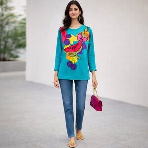 Vintage Rediffusion Beaded Fruit Artsy Teal 3/4 Sleeve Oversized Tunic Top Shirt